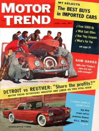 MOTOR TREND 1958 APR - IMPORTS, BAILON, SUPER TEMPEST, CHECKER, SAM HANKS